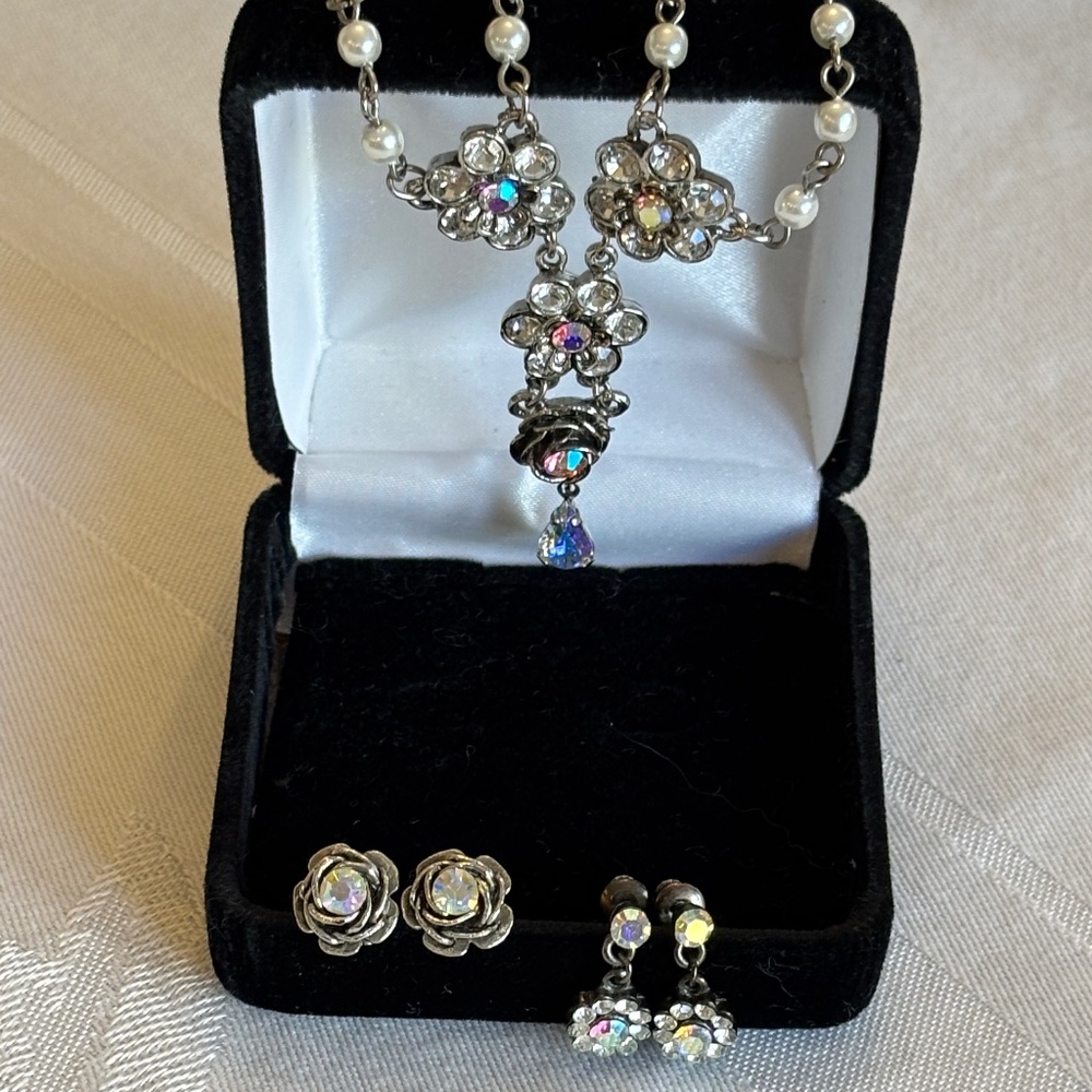 Aurora Borealis AB Crystal Roses/Flower/Pearl Necklace & 2 Earring Sets